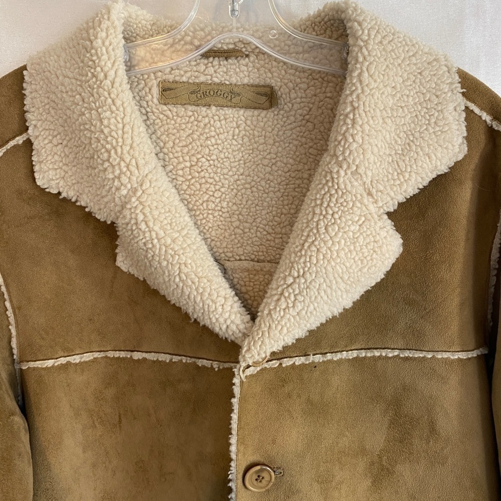 Vintage 1960s Groggy Vegan Beige Suede Jacket with Tan Sherpa Mens Sm - Picture 3 of 15